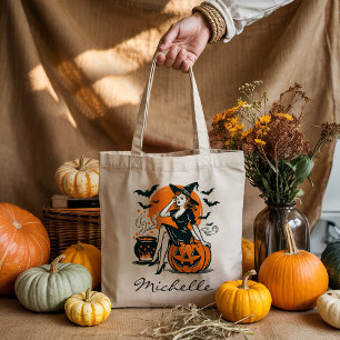 Bolsa Tote Bruxa Vintage Personalizada em Pumpkin Cauldron