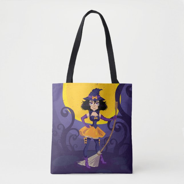 Bolsa Tote Bruxa Whimsical com Broomstick e lua (Frente)