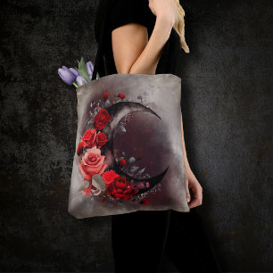 Bolsa Tote Bruxaria Moon Crescente com Rosas vermelhas Góti