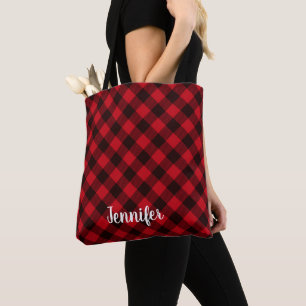 Bolsa Tote Búfalo Xadrez Vermelho e Natal de Inverno Preto