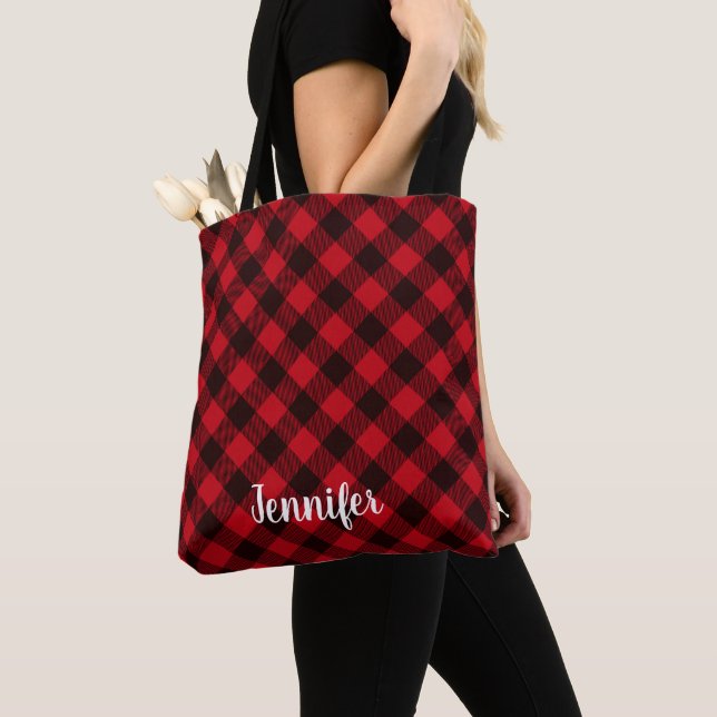 Bolsa Tote Búfalo Xadrez Vermelho e Natal de Inverno Preto (Close Up)