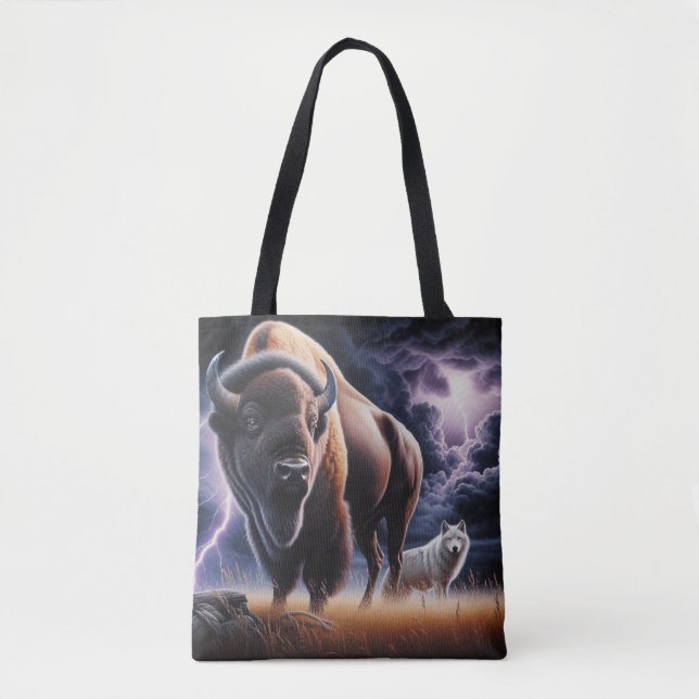 Bolsa Tote Buffalo e Wolf em uma tempestade com raios (Frente)