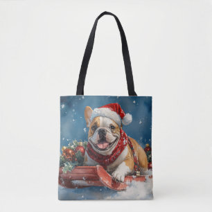 Bolsa Tote Buldogue em Sledge Deixe-o nevar Natal