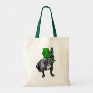 Bolsa Tote Buldogue francês com chapéu verde e bigode