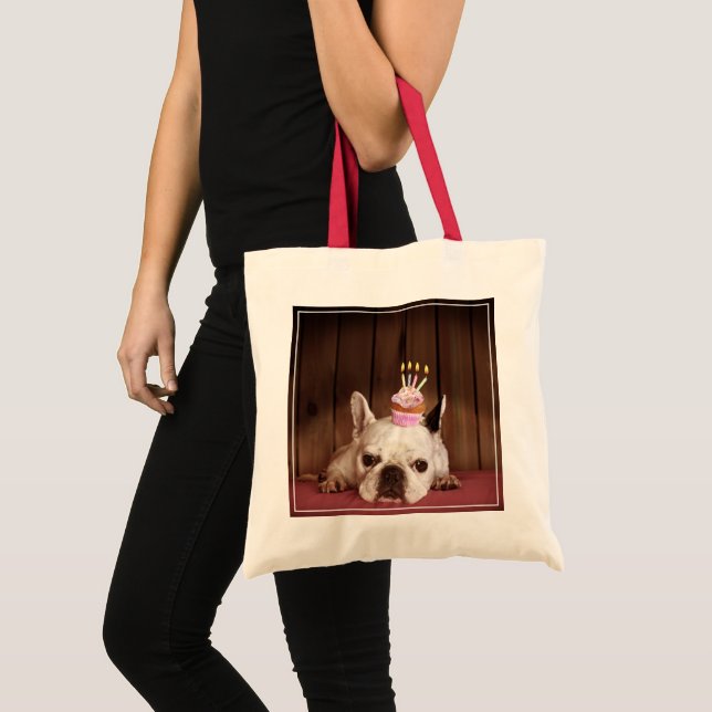 Bolsa Tote Buldogue francês com cupcake do aniversário (Frente (produto))