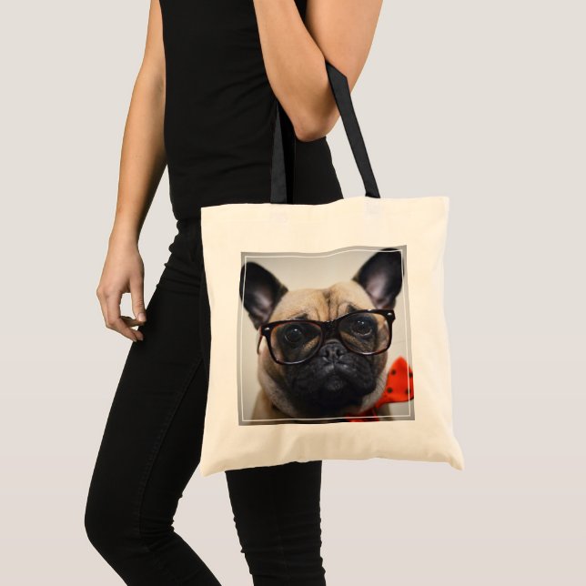 Bolsa Tote Buldogue francês com vidros e laço (Frente (produto))