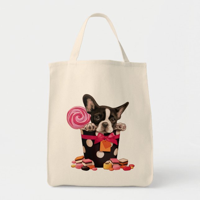 Bolsa Tote Buldogue francês e doces (Frente)