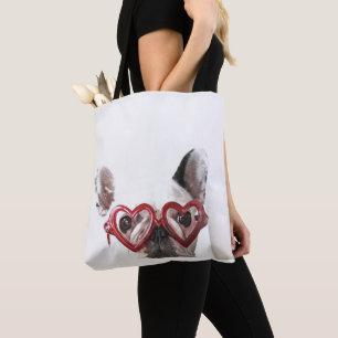 Bolsa Tote Buldogue francês em vidros do coração