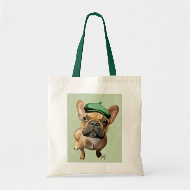 Bolsa Tote Buldogue francês marrom com chapéu verde (Frente)