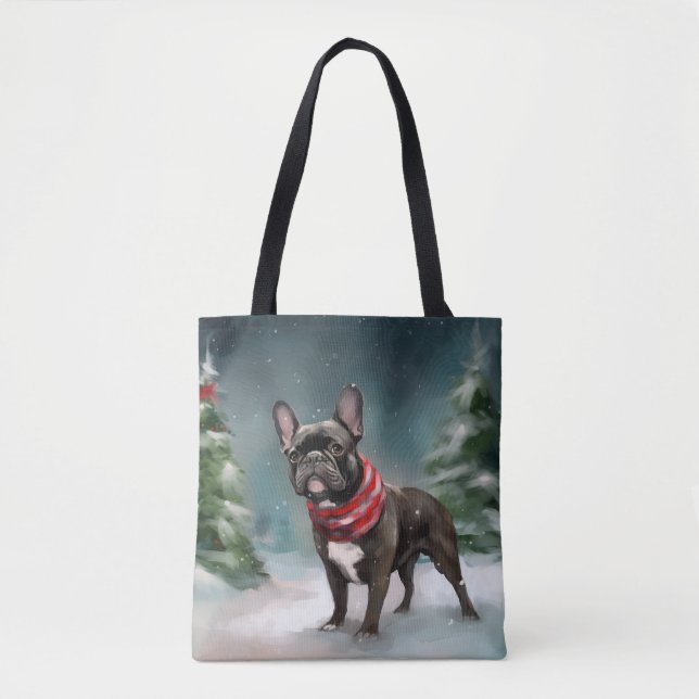 Bolsa Tote Buldogue francês no Natal da neve (Frente)