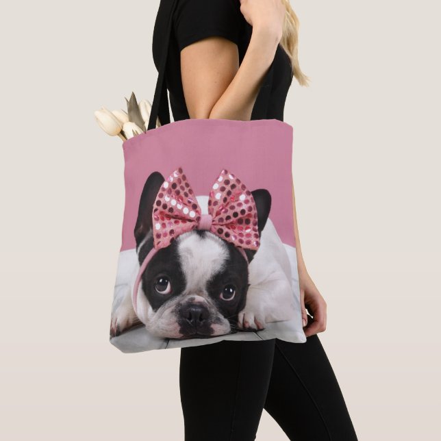 Bolsa Tote Buldogue francês que veste o rosa (Close Up)