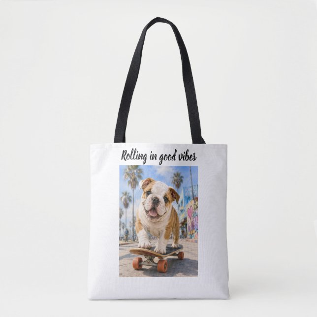 BOLSA TOTE BULDOGUE INGLÊS ADORÁVEL EM SKATE (Frente)
