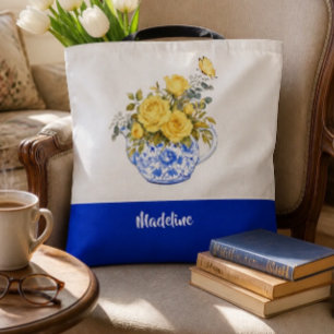 Bolsa Tote Bule de Chá Azul e Branco de Rosa Amarela Personal