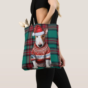 Bolsa Tote Bull Terrier Natal Cachorro Verde Xadrez Sazonal