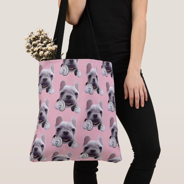 Bolsa Tote Bulldog Francês com Ilustração de Fones de ouvido (Close Up)