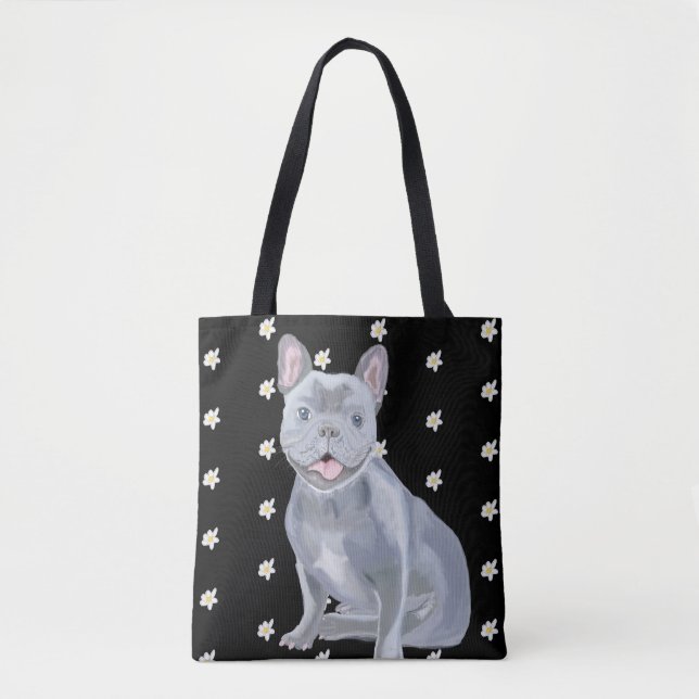 Bolsa Tote Bulldog Francês de Cinza Azul com Visitas (Frente)