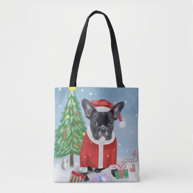 Bolsa Tote Bulldog Francês em Neve com Presentes de Natal (Frente)