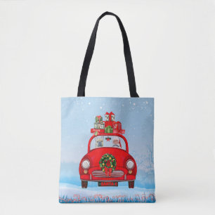 Bolsa Tote Bulldog Francês No Carro Com Papai Noel 
