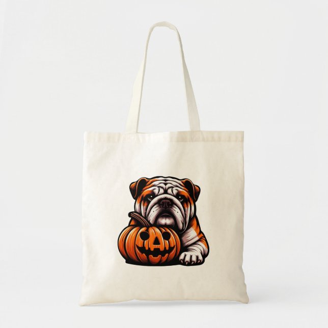 Bolsa Tote Bulldog Inglês das Halloween - Jack o Lanterno out (Frente)