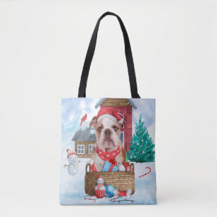 Bolsa Tote Bulldog Inglês na Casa de Cachorro de Natal na Nev