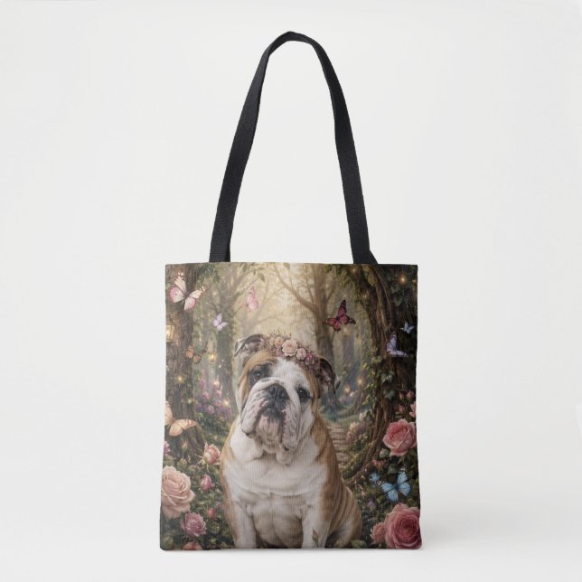 BOLSA TOTE BULLDOG INGLÊS NA FLORESTA ENCANTADA (Frente)