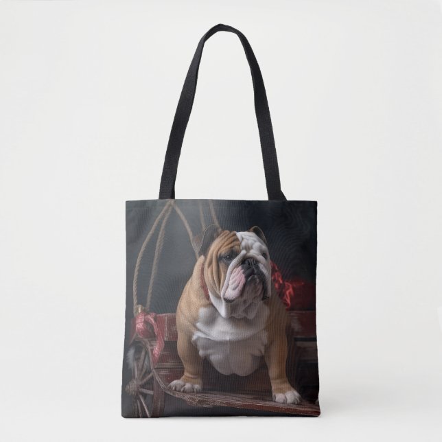 Bolsa Tote Bulldog Snowy Sleigh Decência de Natal (Frente)