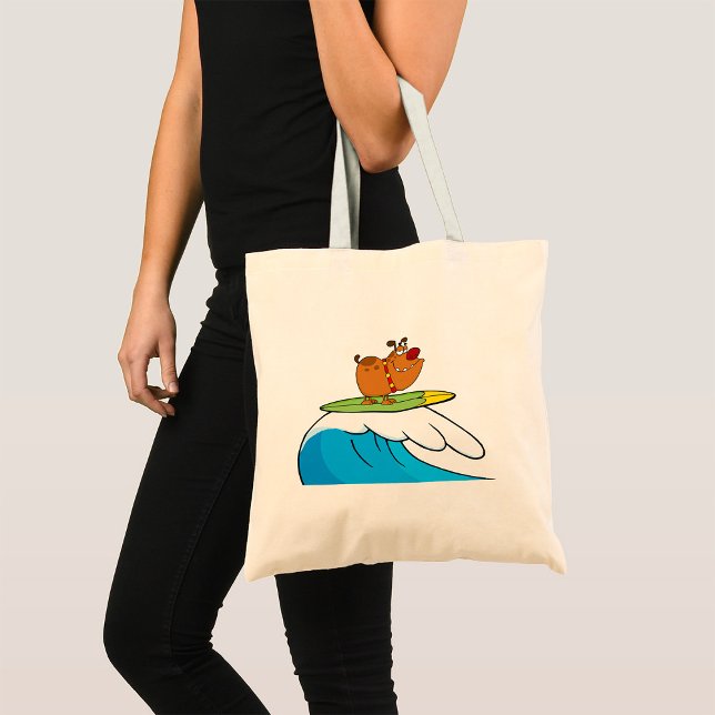 Bolsa Tote Bulldog Surfista Cavalgando Onda do Oceano (Criador carregado)
