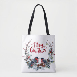 Bolsa Tote Bullfinches Wreath - Feliz Natal