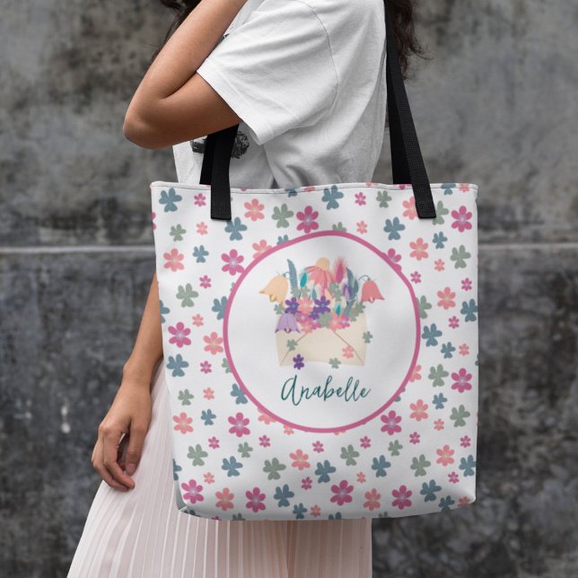 Bolsa Tote Buquê de Envelope Padrão de Flores de Mola com Nom (Criador carregado)