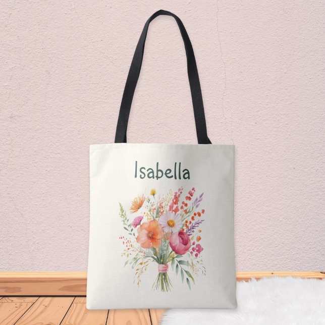 Bolsa Tote Buquê de Flores Bonito Floral ChicPersonalizado (A pretty, personalized tote bag in pale cream, with picture of a summer floral bouquet)