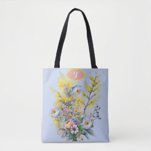 Bolsa Tote Buquê de Flores de Mola de Cor Azul Monograma