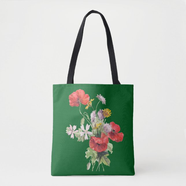 Bolsa Tote Buquê de Flores, Fundo Verde Caçador, (Frente)