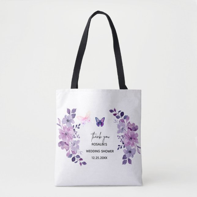 Bolsa Tote Buquê de flores roxas aquarela (Frente)