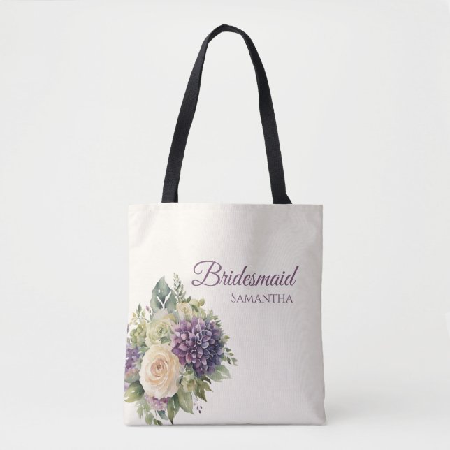 Bolsa Tote Buquê de Flores Roxas em Aquarela - Presente para  (Frente)