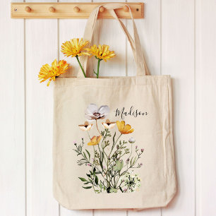 Bolsa Tote Buquê de Flores Silvestres Secas com Caligrafia Mo