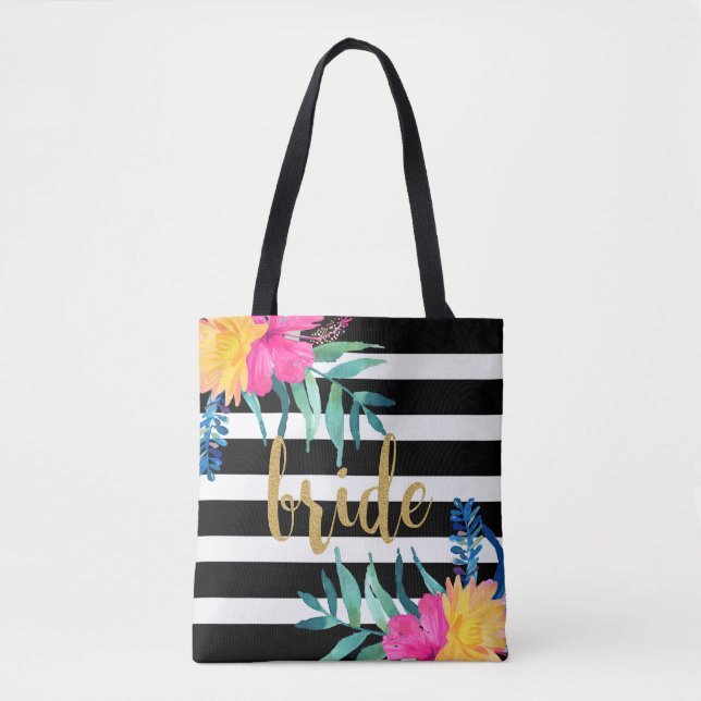 Bolsa Tote Buquê de Flores Tropicais de Stripes Pretas e Bran (Frente)