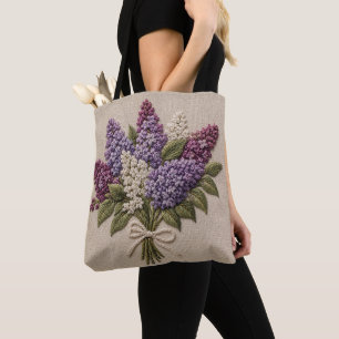 Bolsa Tote Buquê de Lilás Bordado – Linho de Bordado Falso