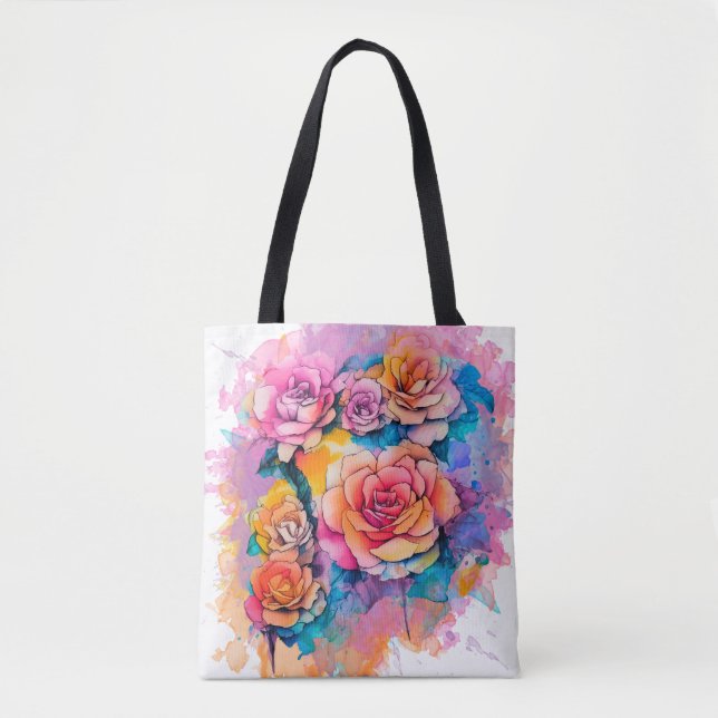 Bolsa Tote Buquê de Rosas com Pingos de Tinta em Aquarela Mod (Frente)
