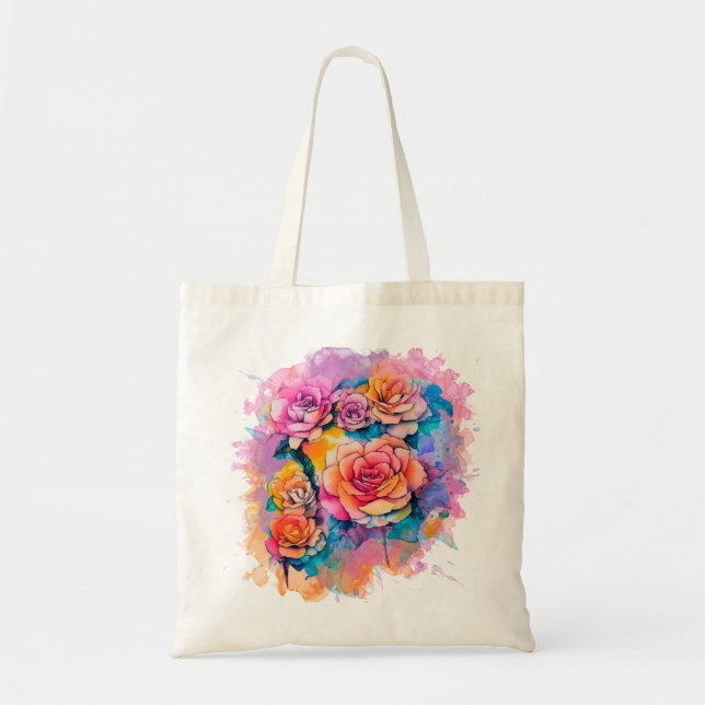 Bolsa Tote Buquê de Rosas com Pingos de Tinta em Aquarela Mod (Frente)