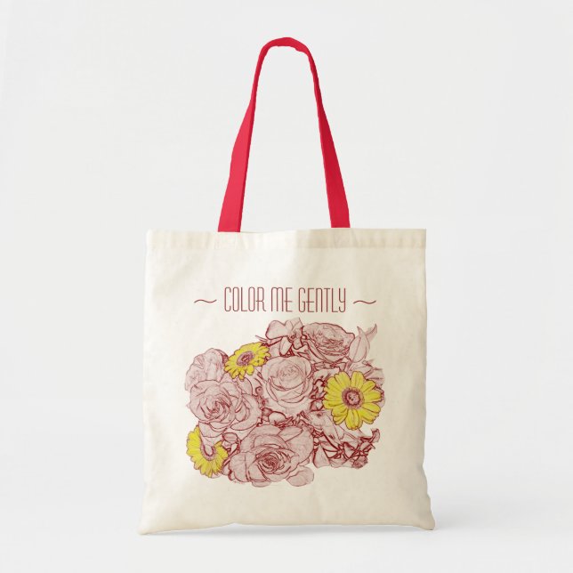 Bolsa Tote Buquê Desenhado de Margarida Amarela Rosa Vermelha (Frente)