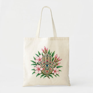 Bolsa Tote Buquê Floral de Mão de Hamsa Olmo Rosa Olho do Mal