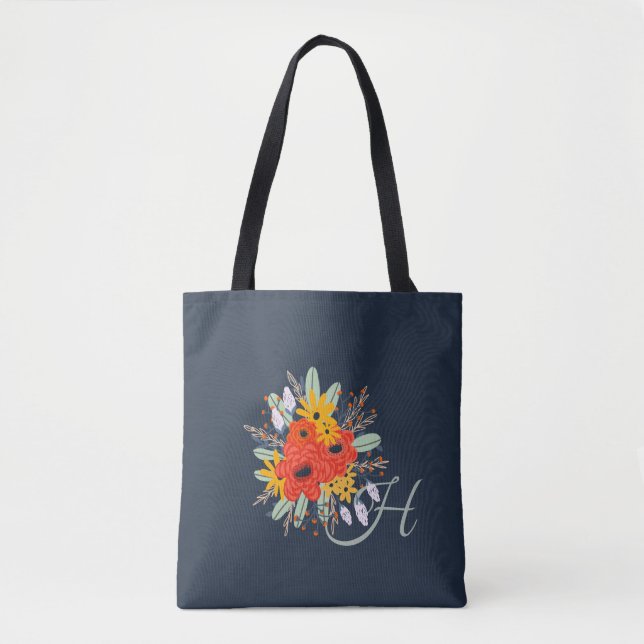 Bolsa Tote Buquê Floral Moderno - Azul (Frente)