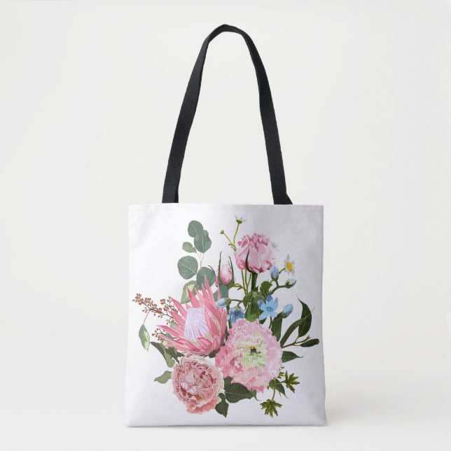 Bolsa Tote Buquê tropical com flores rosa. (Frente)