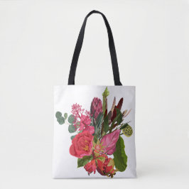 Bolsa Tote Buquê tropical com flores vermelhas.