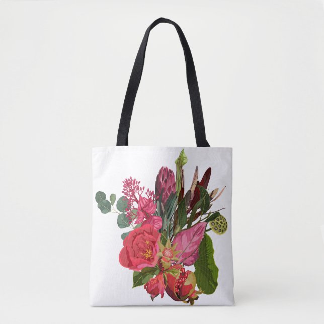 Bolsa Tote Buquê tropical com flores vermelhas. (Frente)