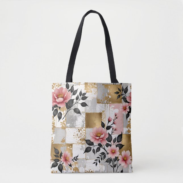 Bolsa Tote Buquês cor-de-rosa com quadrados Dourados e branco (Frente)