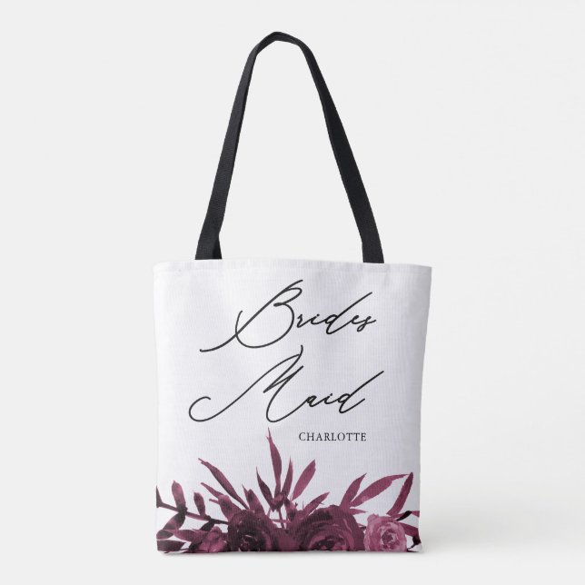 Bolsa Tote Burgundy Floral com Bridesmaid Script (Verso)