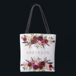 Bolsa Tote Burgundy Marsala Watercolor Bohemian Floral<br><div class="desc">Estilo boêmico Allover Impressão Tote Bag com ilustração aquosa da burgundy,  Marsala,  pénia vermelha e rosa e rosas com sotaque de penas. Use o botão "Personalizar" para alterar as cores,  tamanhos e fontes. Isto é perfeito para o outono | Ocorrências de outono e inverno. Itens correspondentes também estão disponíveis.</div>