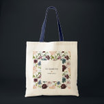 Bolsa Tote Burgundy Naval Padrão Floral Festa de Noiva Person<br><div class="desc">Esta bolsa tote apresenta um padrão floral burgundy e naval em aquarela com folhagem verde,  e pode ser personalizada com o seu texto personalizado.</div>