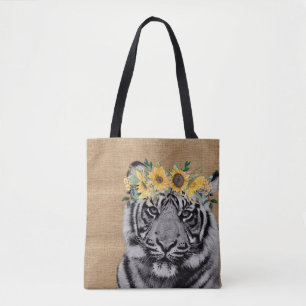 Bolsa Tote Burlap Tigre Black White Sunflower Crown